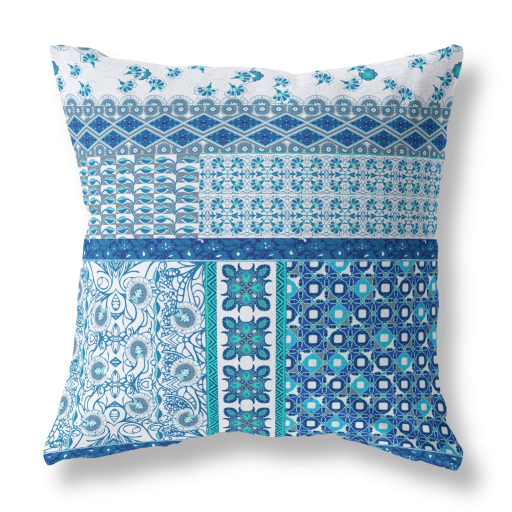 16” Blue White Patch Indoor Outdoor Zippered Throw Pillow