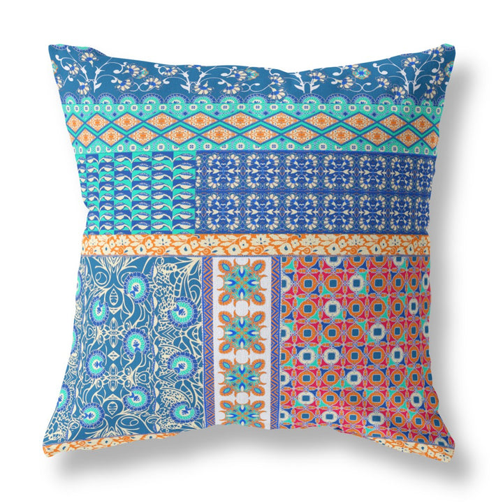 18” Blue Orange Patch Indoor Outdoor Zippered Throw Pillow