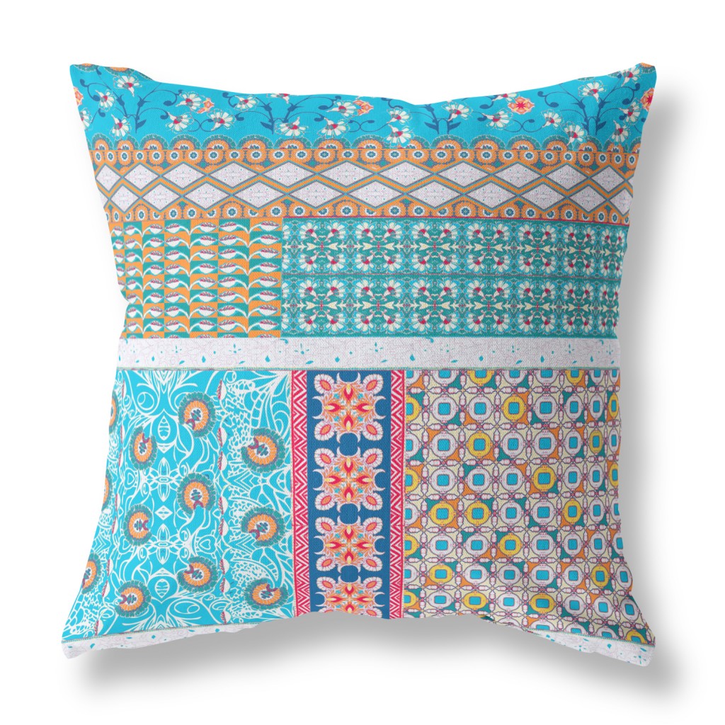 20” Turquoise White Patch Indoor Outdoor Zippered Throw Pillow