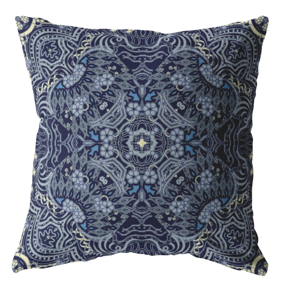 16” Indigo Boho Ornate Indoor Outdoor Zippered Throw Pillow