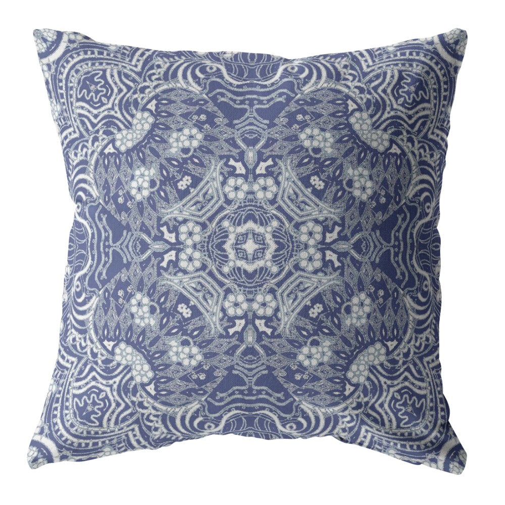 16” Indigo White Boho Ornate Indoor Outdoor Zippered Throw Pillow