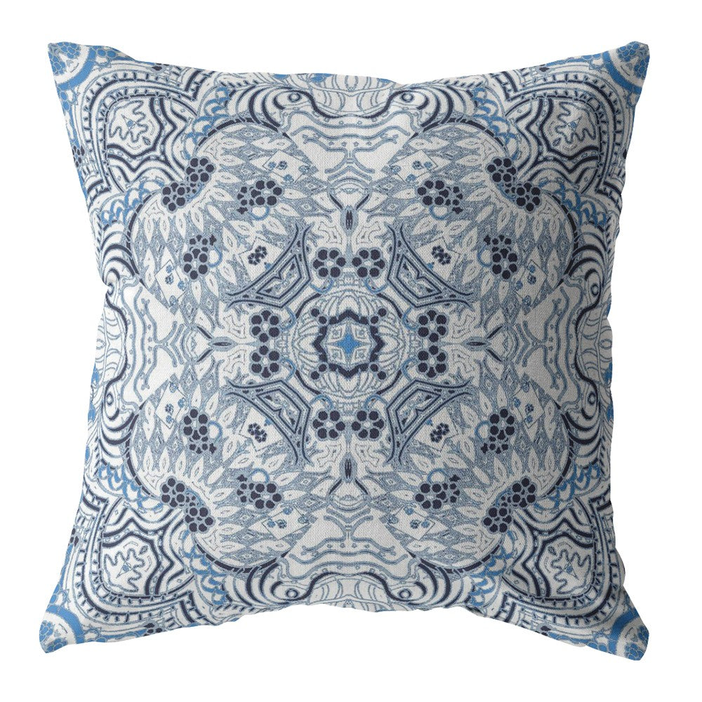 20” Light Blue Boho Ornate Indoor Outdoor Zippered Throw Pillow