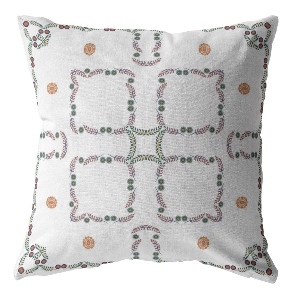 16” White Floral Indoor Outdoor Zippered Throw Pillow