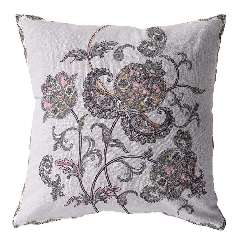 20” Gray White Wildflower Indoor Outdoor Zippered Throw Pillow