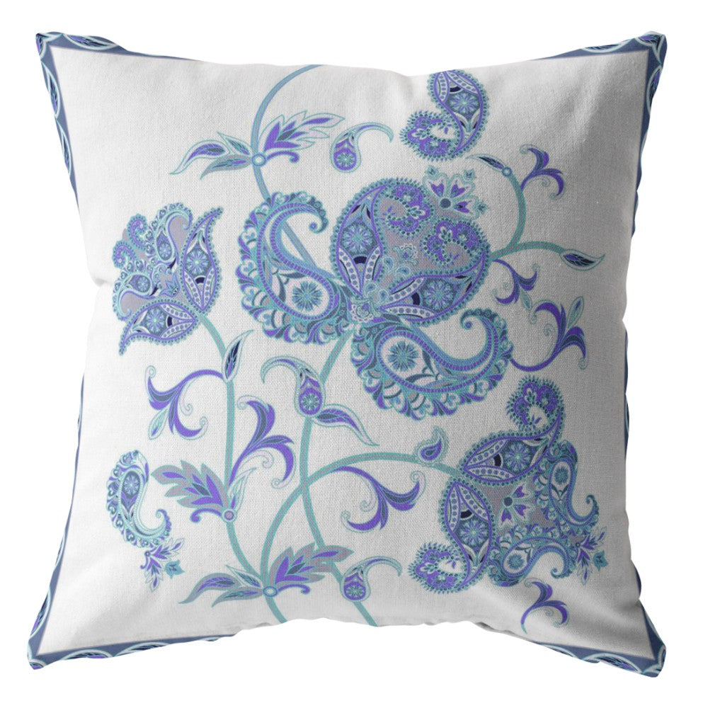 16” Blue White Wildflower Indoor Outdoor Zippered Throw Pillow