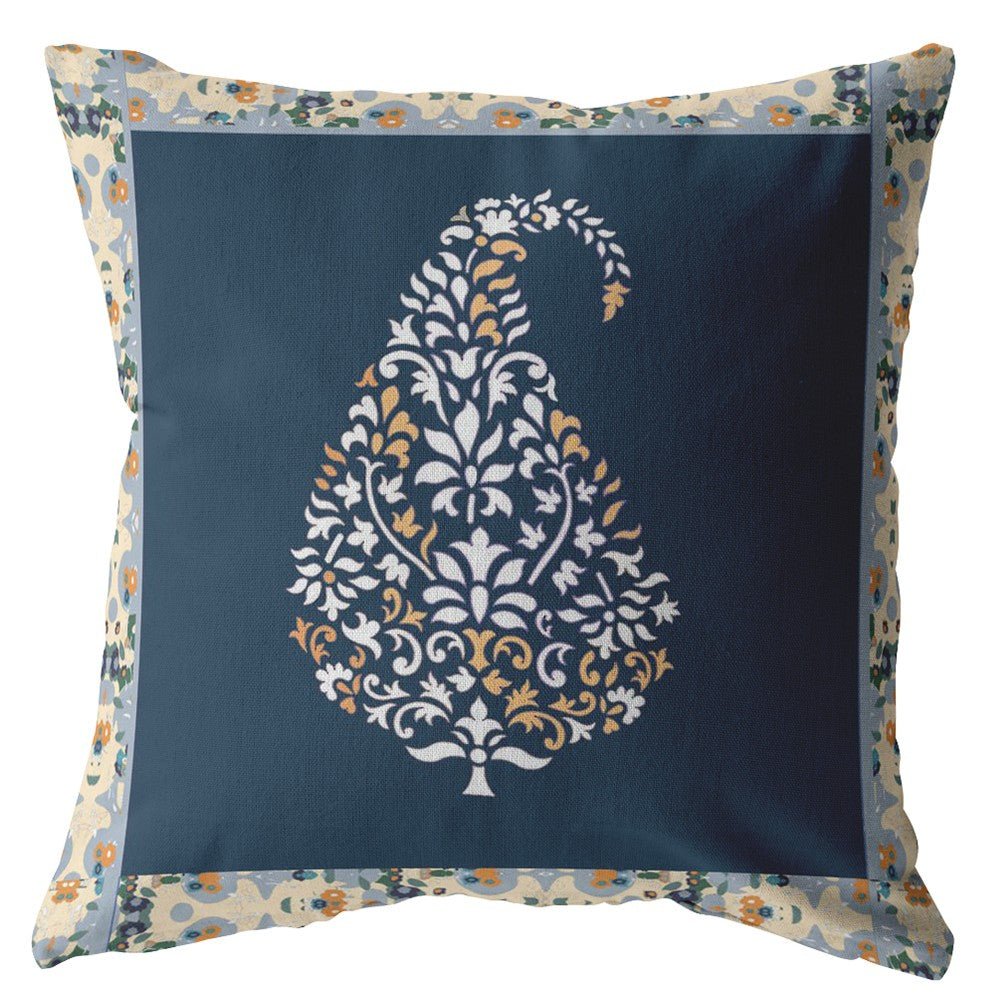 20” Orange Navy Paisley Indoor Outdoor Zippered Throw Pillow