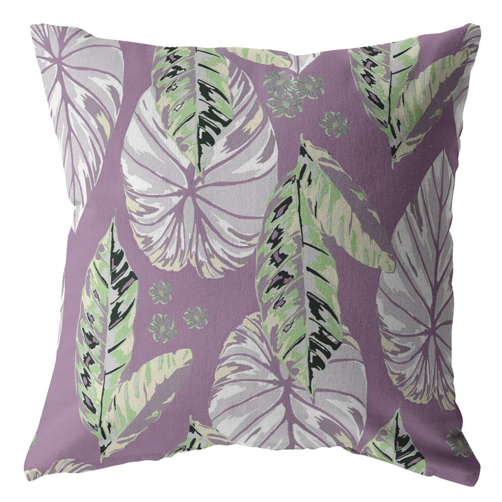 20” White Purple Tropical Leaf Indoor Outdoor Zippered Throw Pillow