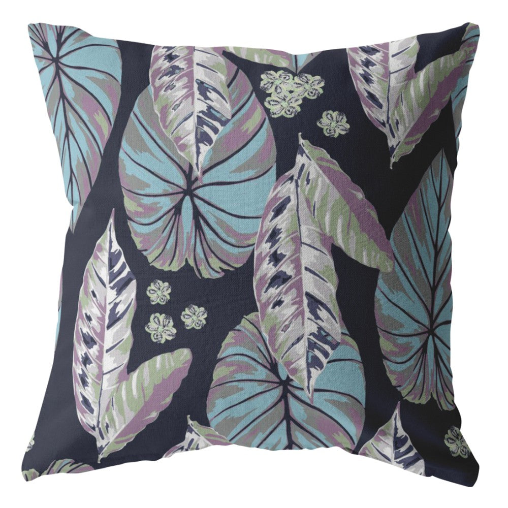 18” Blue Purple Tropical Leaf Indoor Outdoor Zippered Throw Pillow