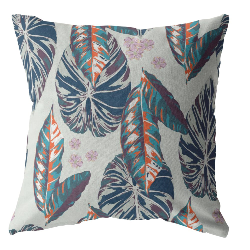 18” Blue Gray Tropical Leaf Indoor Outdoor Zippered Throw Pillow