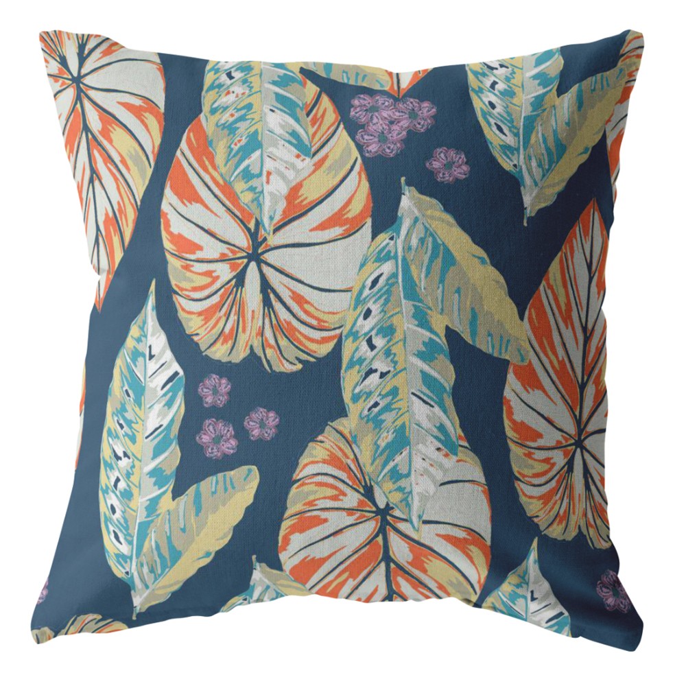 26” Orange Blue Tropical Leaf Indoor Outdoor Zippered Throw Pillow