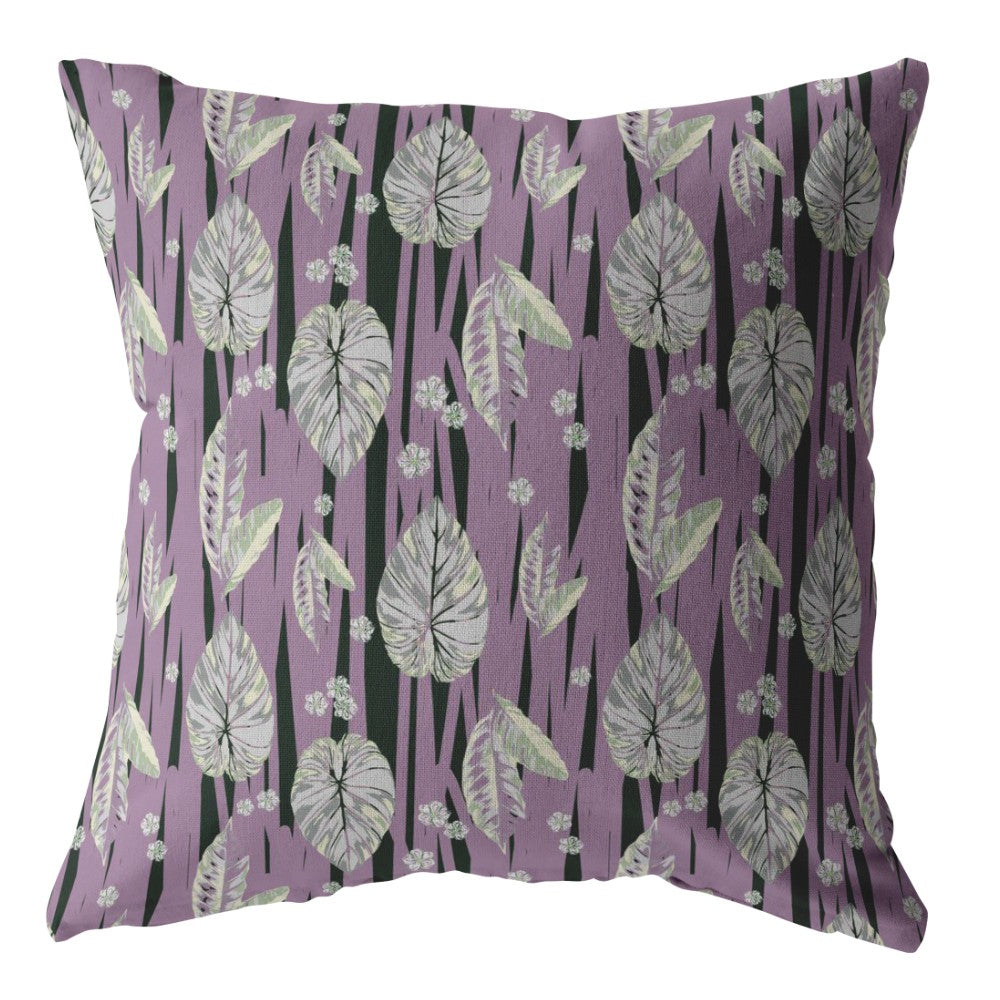 16” Lavender Black Fall Leaves Indoor Outdoor Zippered Throw Pillow