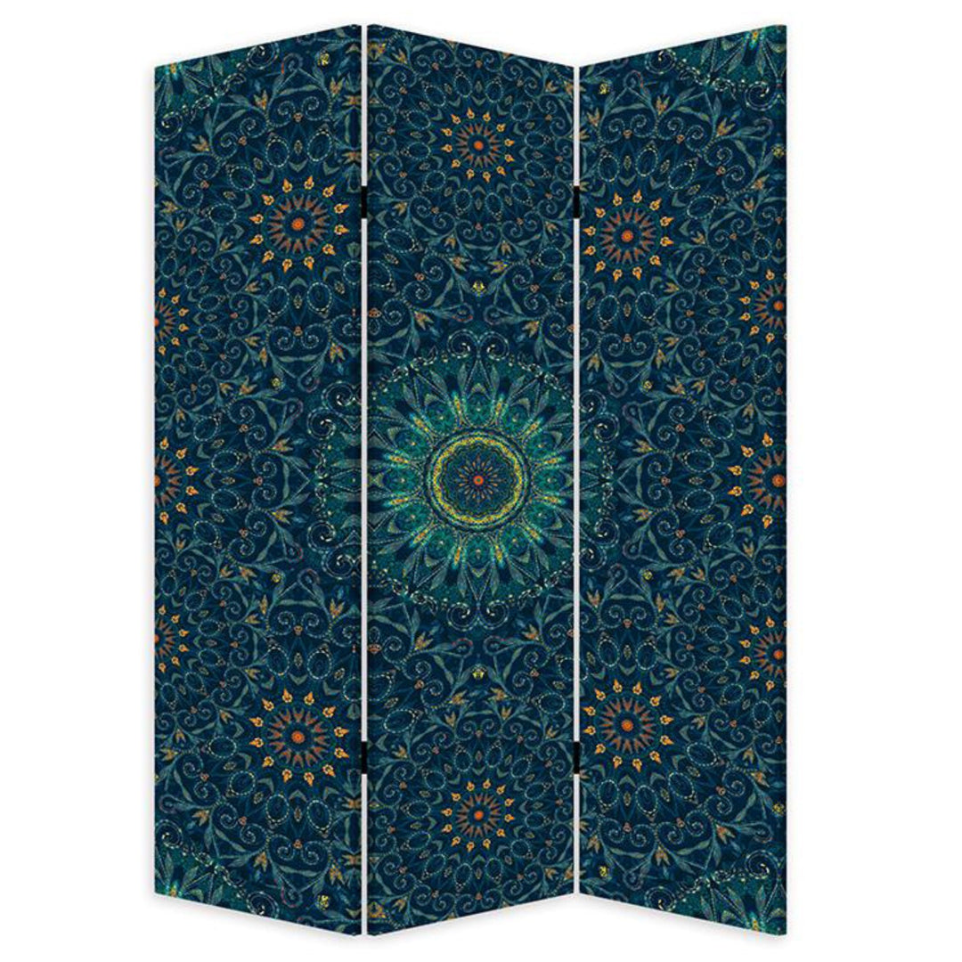 Blue Boho Mandala Three Panel Room Divider Screen