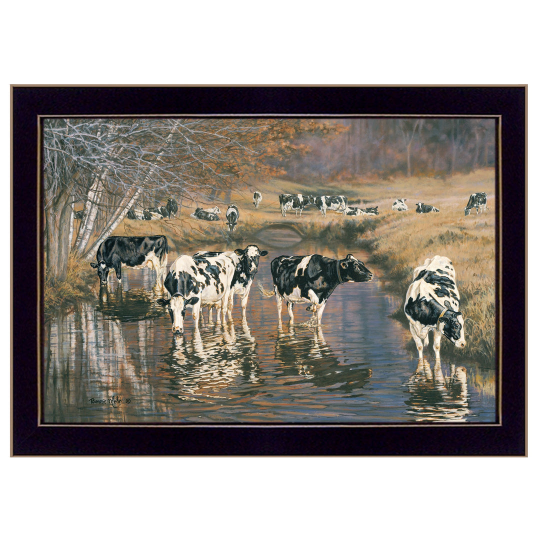 Fall Reflections Holsteins In River Black Framed Print Wall Art