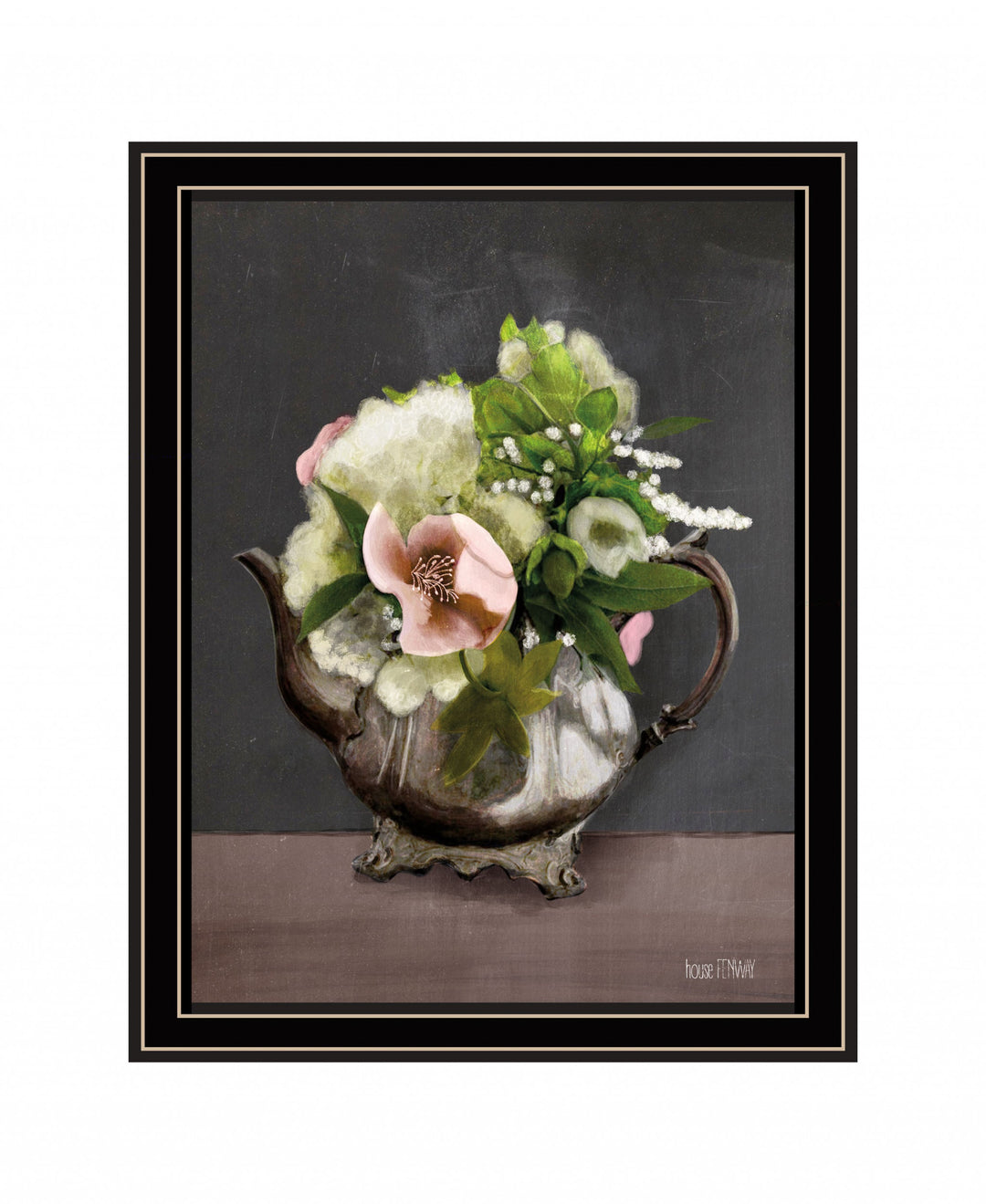 Vintage Floral Tea Pot 2 Black Framed Print Wall Art