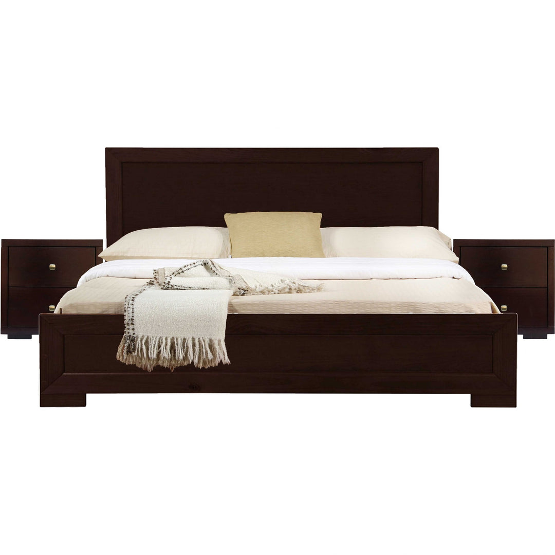 Moma Espresso Wood Platform King Bed With Two Nightstands