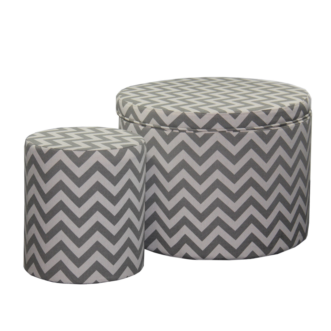 23" Gray Polyester Blend Round Geometric Footstool Ottoman