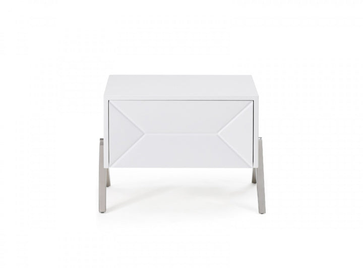 Modern Silky White Nightstand with One Drawer and Steel Legs