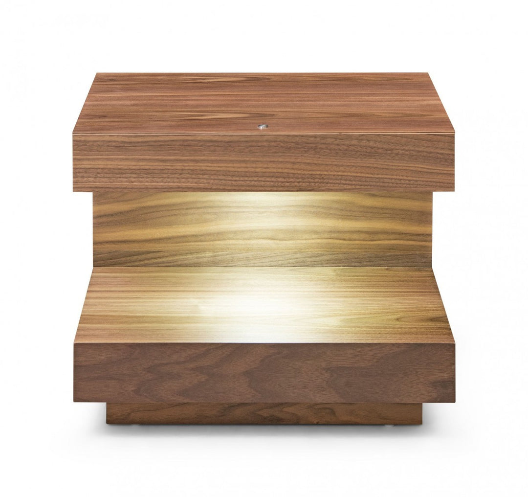 Contemporary LED Lit Walnut Nightstand with One Drawer