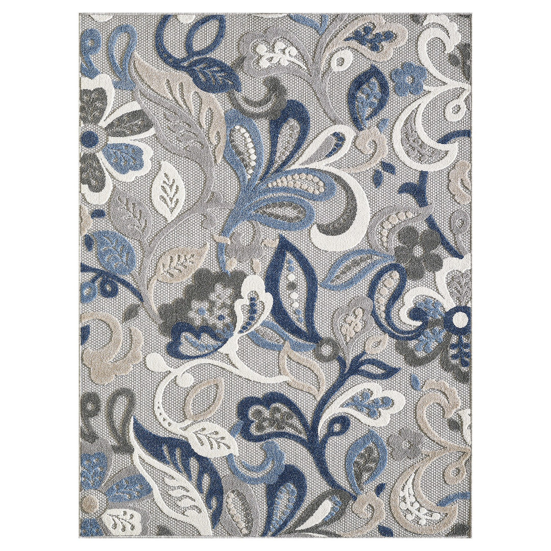 3’ x 5’ Blue Gray Jacobean Floral Indoor Outdoor Area Rug