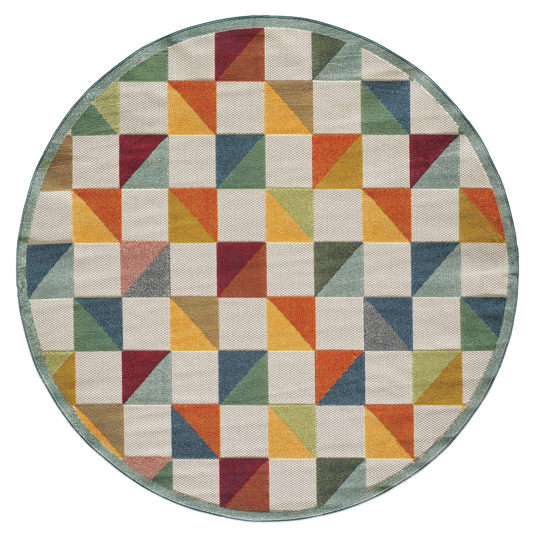 8' Round Orange And Ivory Round Geometric Stain Resistant Indoor Outdoor Area Rug