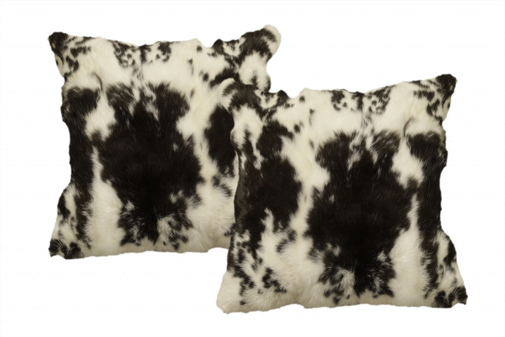 Set Of Two 18" X 18" Black And White Rabbit Natural Fur Animal Print Throw Pillows