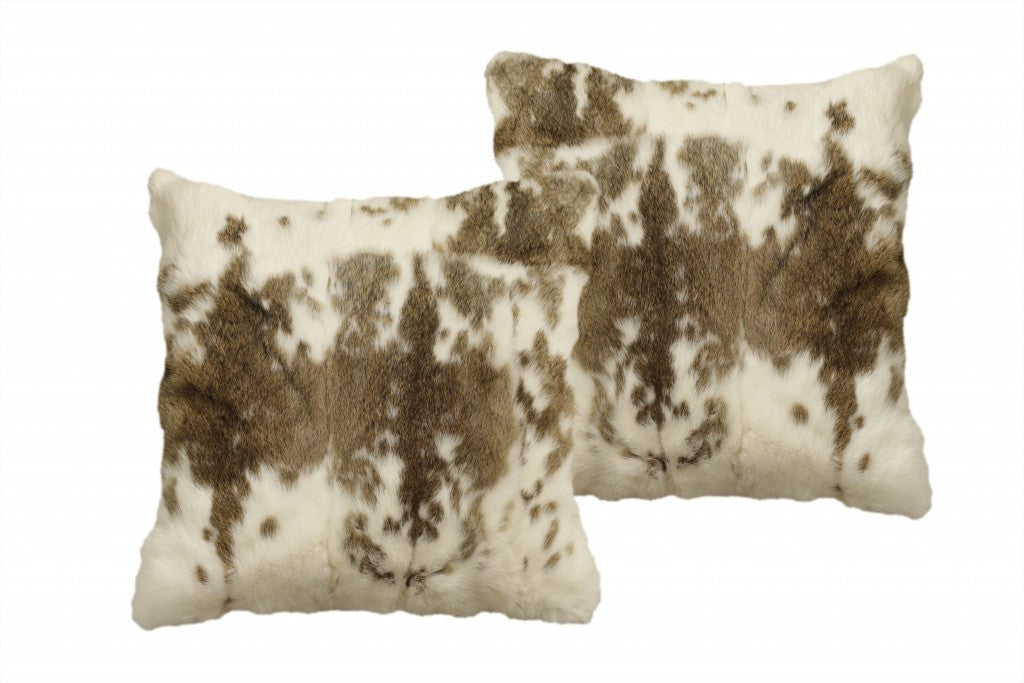 Set Of Two 18" X 18" Brown And White Rabbit Natural Fur Animal Print Throw Pillows