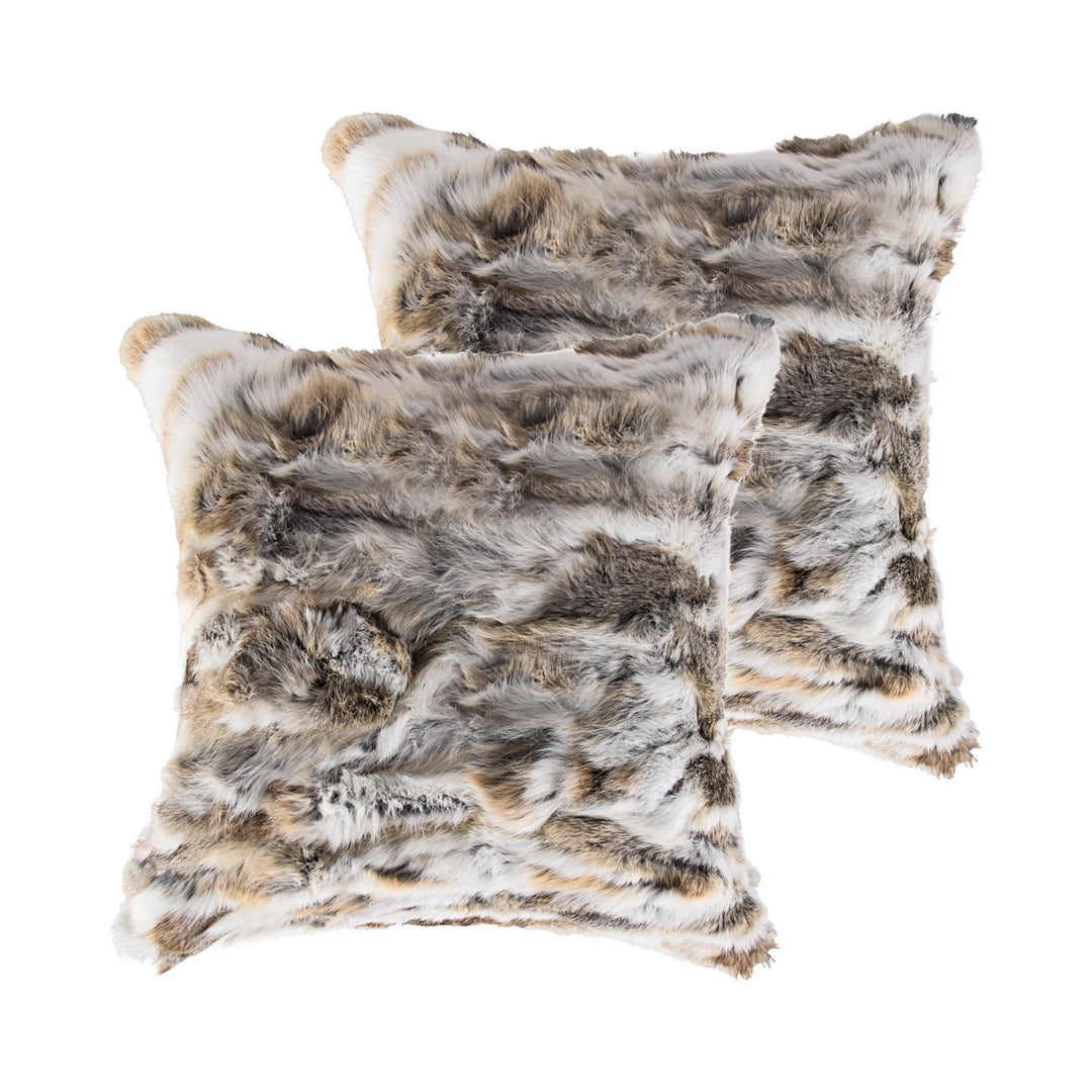 Set Of Two 18" X 18" Tan And White Rabbit Natural Fur Animal Print Throw Pillows