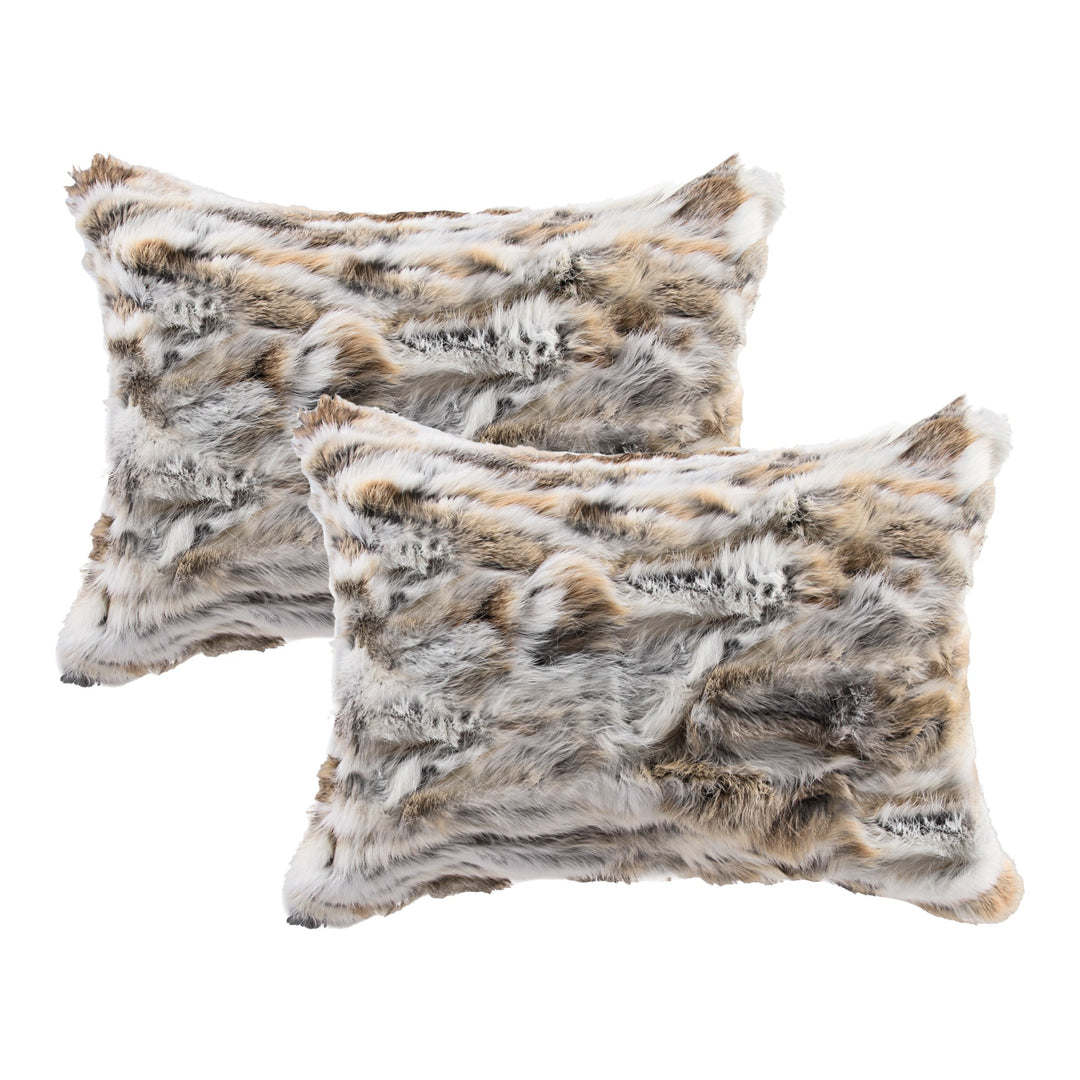 Set Of Two 12" X 20" Tan And White Rabbit Natural Fur Animal Print Throw Pillows