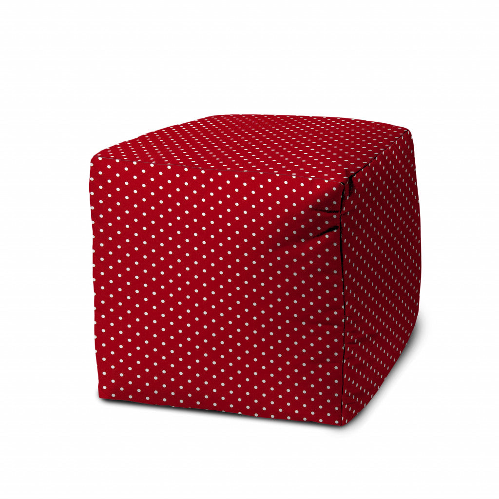 17" Red Polyester Cube Polka Dots Indoor Outdoor Pouf Ottoman