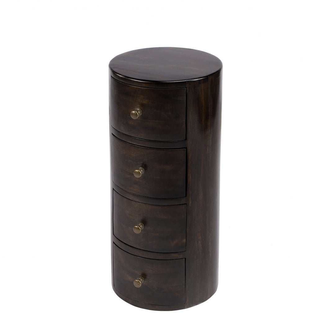 24" Dark Brown Chocolate Wood Round End Table With Four Drawers