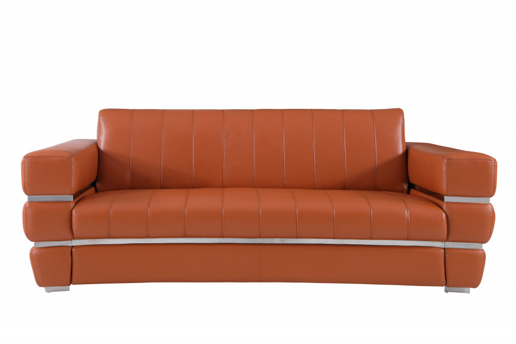 89" Camel Brown Chrome Accents Genuine Leather Standard Sofa