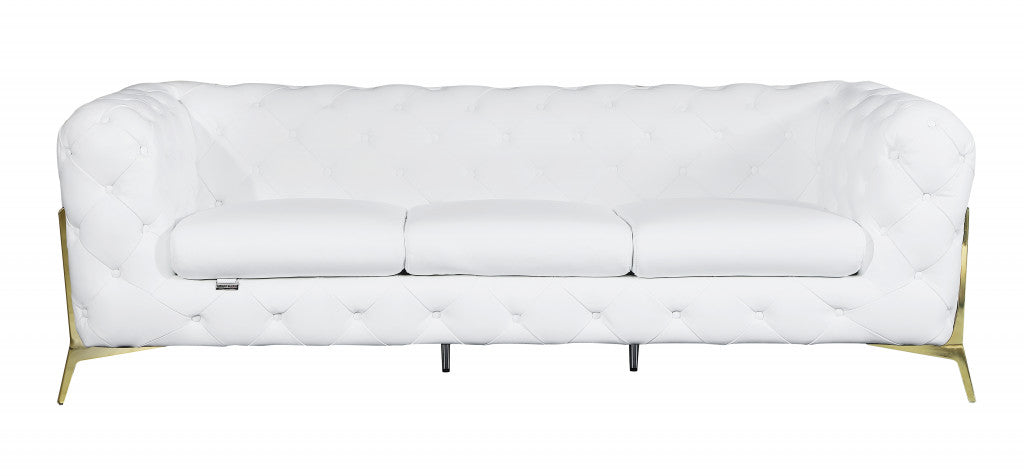 93" White and Gold Genuine Tufted Leather Standard Sofa