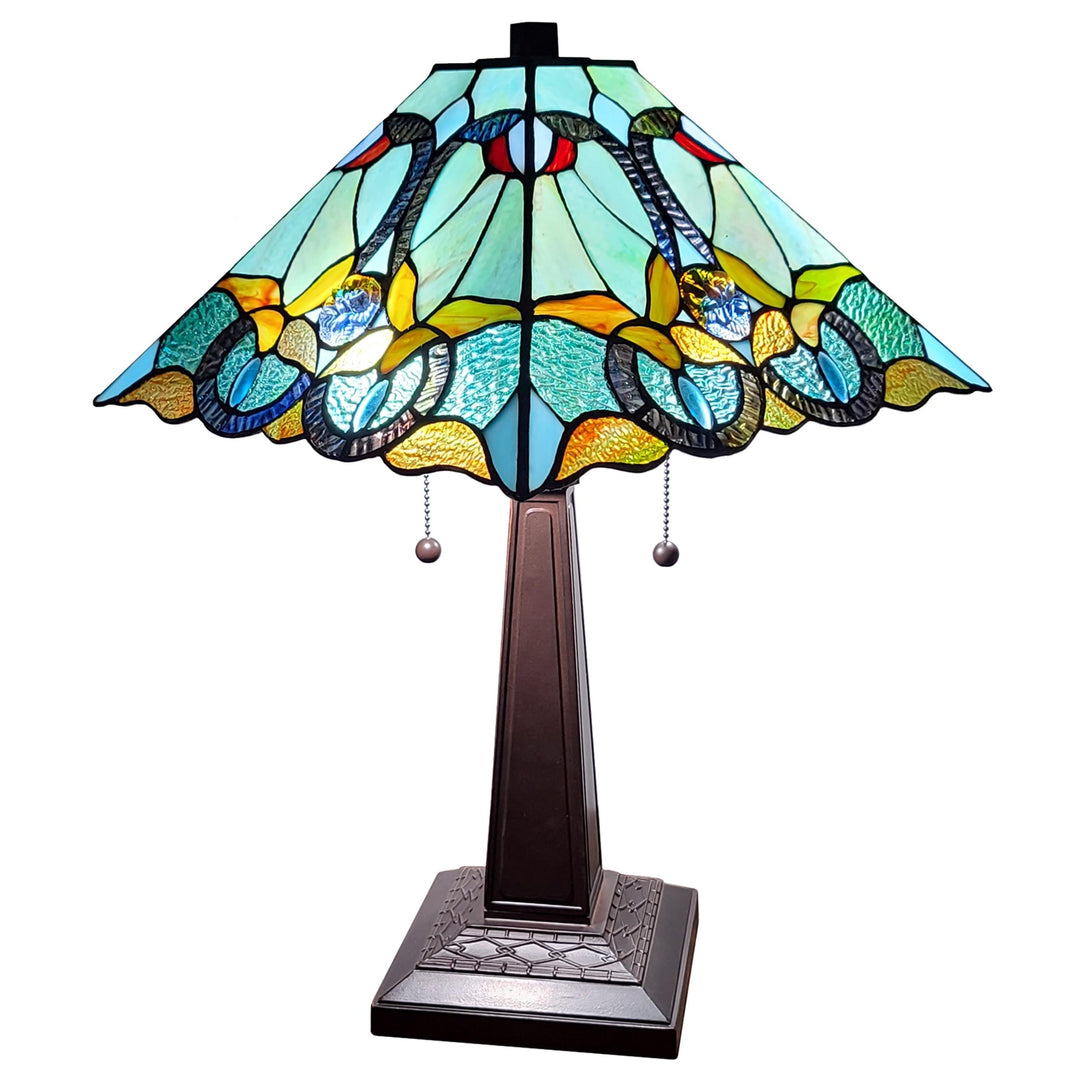 23" Aqua Blues and Amber Abstract Stained Glass Two Light Mission Style Table Lamp