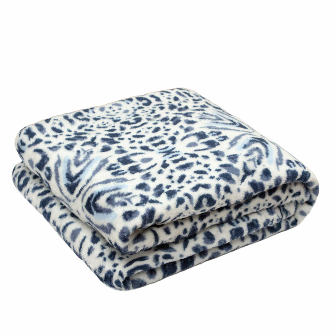 Print Navy Blue Reversible Velvet and Sherpa Throw Blanket