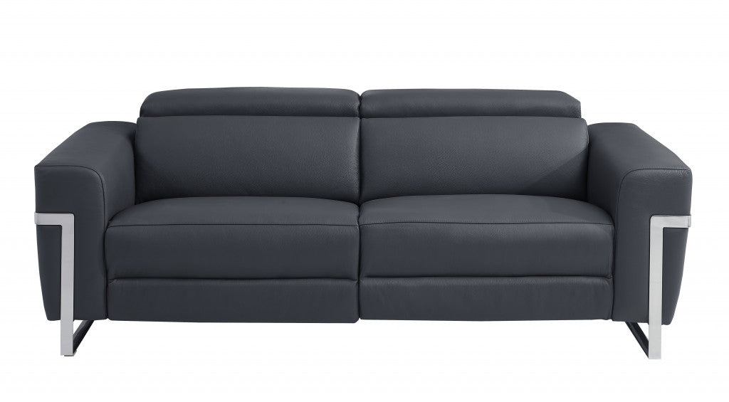 83" Dark Gray Italian Leather and Chrome Reclining Sofa