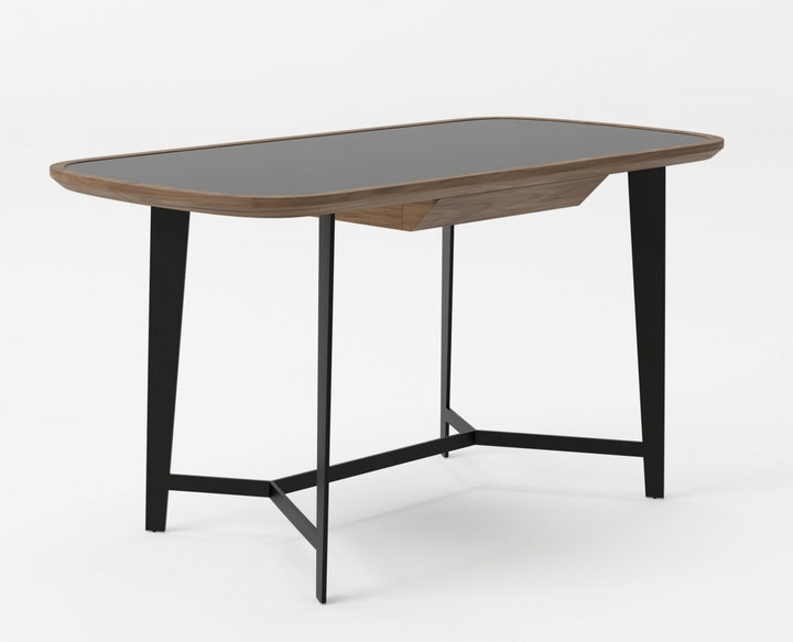 55" Walnut And Black Glass Rectangular Writing Desk