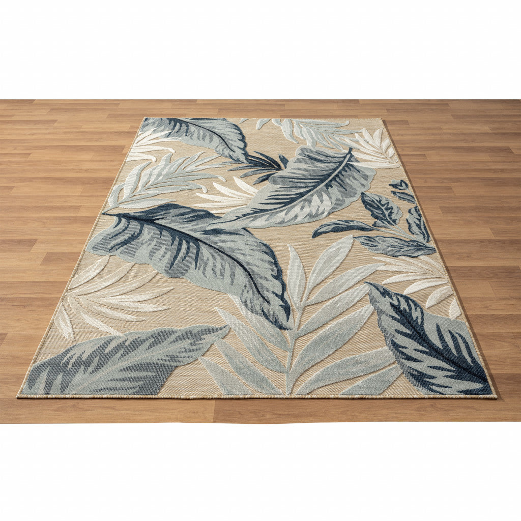 5' X 7' Blue And Beige Floral Stain Resistant Indoor Outdoor Area Rug