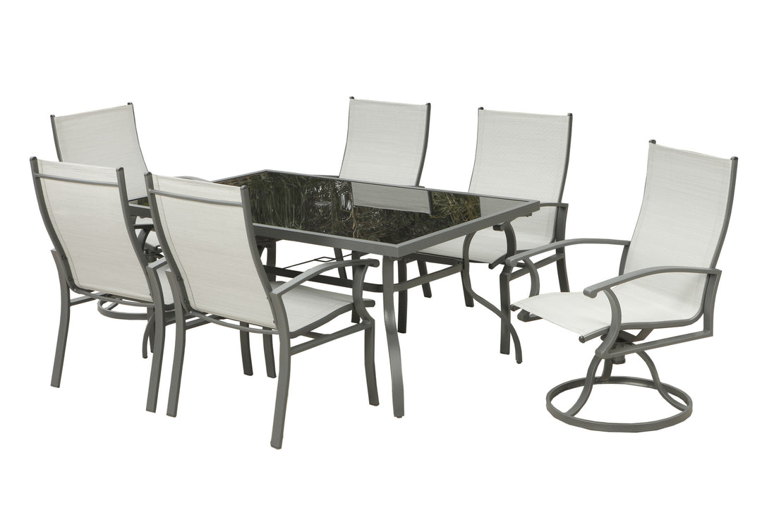 Seven Piece Black Rectangular Glass Dining Set With Six Chairs And Sideboard Included