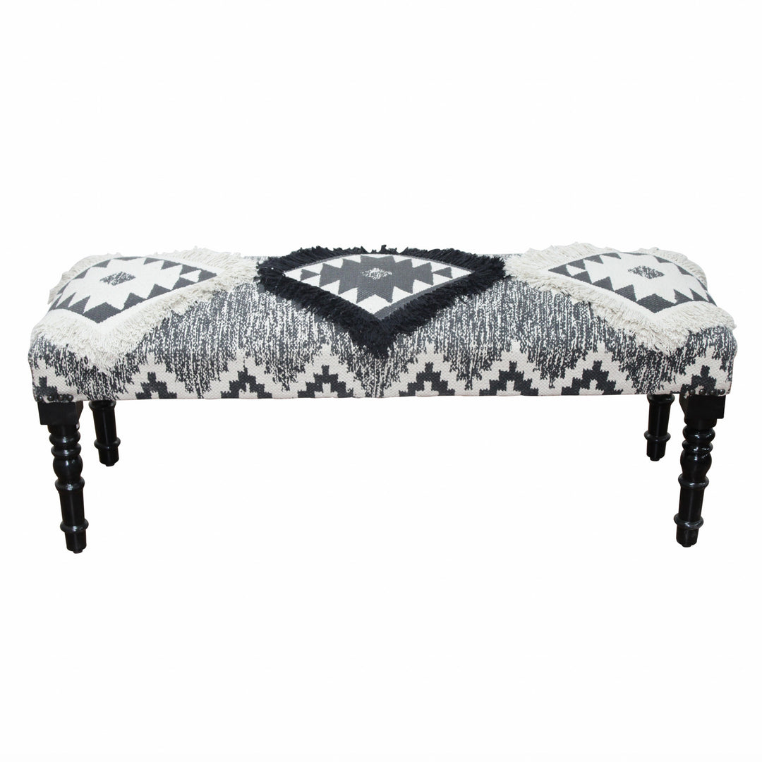 47" Black And White Black Leg Southwest Upholstered Bench