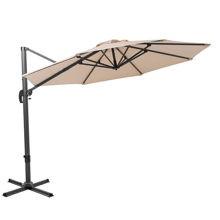 10' Tan Polyester Round Tilt Cantilever Patio Umbrella With Stand