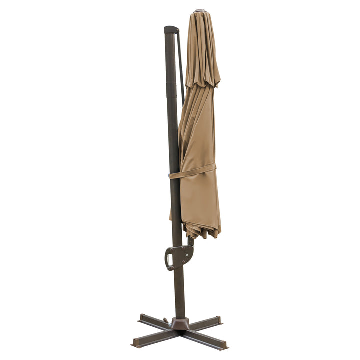 11.5' Tan Polyester Round Tilt Cantilever Patio Umbrella With Stand