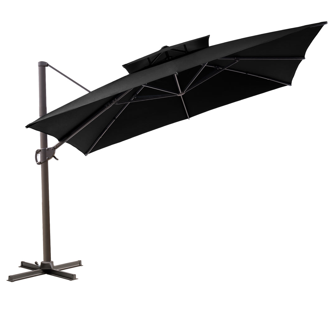 11' Black Polyester Round Tilt Cantilever Patio Umbrella With Stand