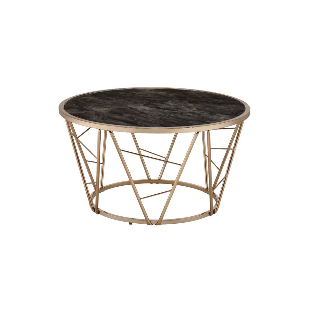 33" Gold Steel And Faux Black Marble Round Top Coffee Table