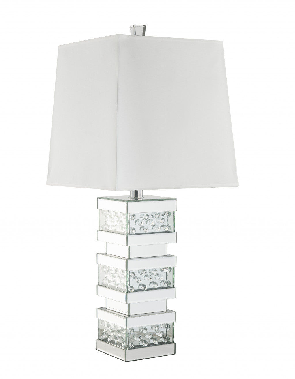 31" Mirrored Glass Faux Crystal Chunky Geo Table Lamp With White Square Shade