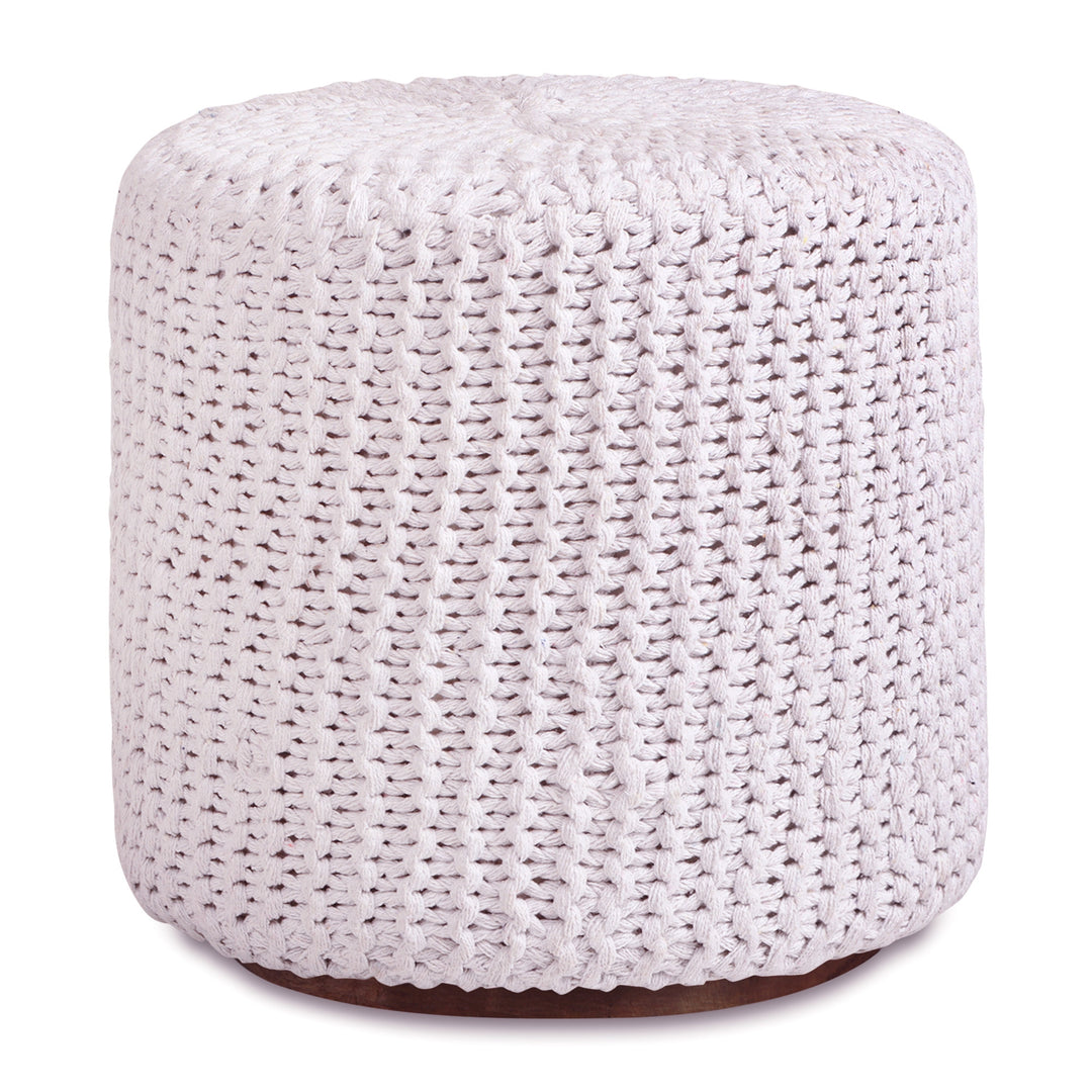 16" White Cotton Blend And Brown Round Pouf Ottoman