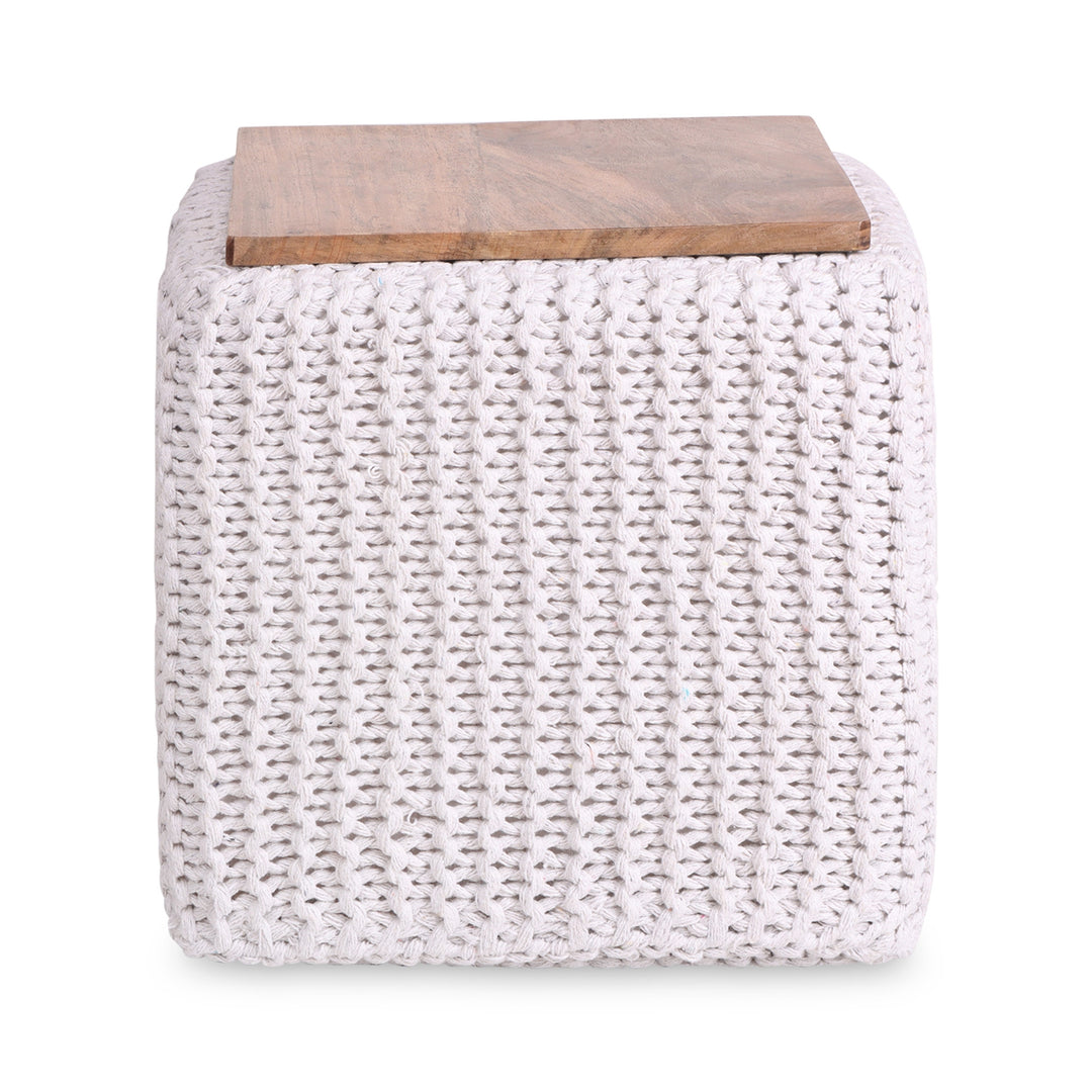 16" White Cotton Blend And Brown Pouf Ottoman