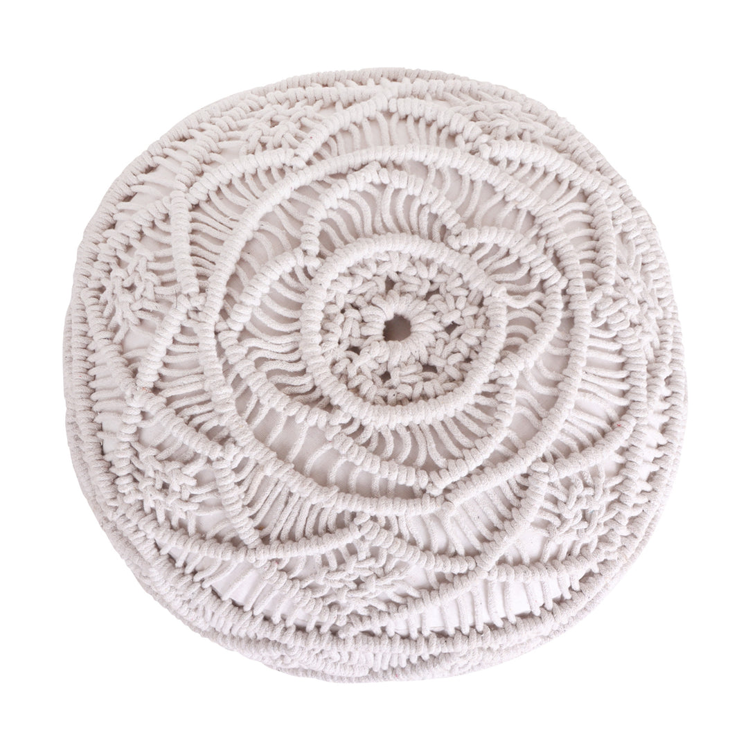 18" White Cotton Blend And Brown Round Pouf Ottoman