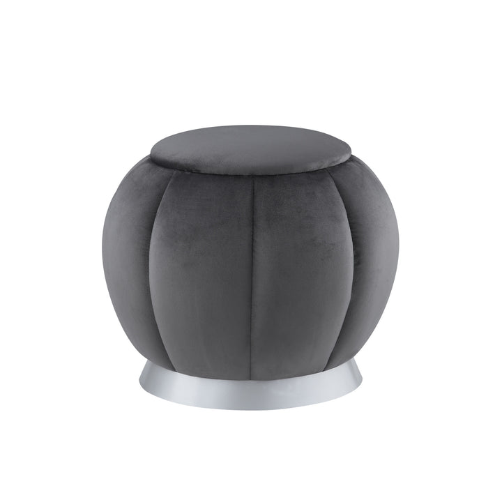 20" Gray Velvet And Silver Round Ottoman