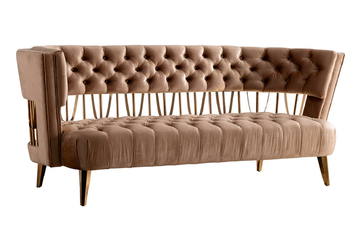 84" Beige Tufted Velvet and Gold Open Back Sofa