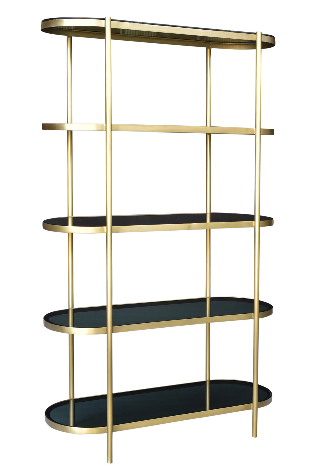 75" Black And Gold Glass and Iron Four Tier Etagere Bookcase